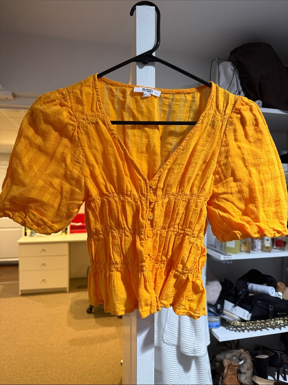 Free People inspired  Yellow Puff-Sleeve Smocked Peplum Top